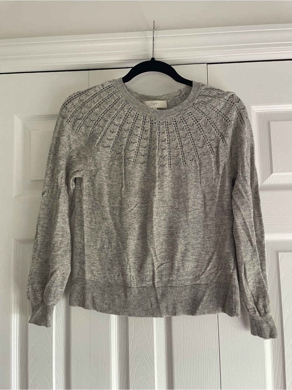 LOFT Light Gray Crewneck Sweater with Yoke Lace Detail